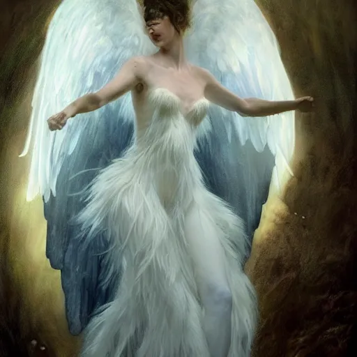 Image similar to hyperrealistic portrait of an angel woman descending onto a stone room in darkness with the damned screaming in despair, white swan dress long feathers and sapphire jewellery by jeremy mann and alphonse mucha, high shadow contrast, daydreaming hell, fantasy art, photo realistic, dynamic lighting, artstation, poster, volumetric lighting, very detailed faces, 4 k, award winning