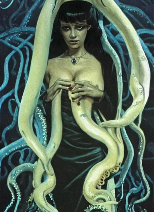 Prompt: 1978 film still from an Italian horror film of a wealthy young woman in her school uniform as the Queen of slimy tentacles clothed completely in silk looking at you intensely with seductively serious eyes while being consumed slowlyby the sadist Squid Devil. ultra detailed painting at 16K resolution and epic visuals. epically surreally beautiful image. amazing effect, image looks crazily crisp as far as it's visual fidelity goes, absolutely outstanding. vivid clarity. ultra. iridescent. mind-breaking. mega-beautiful pencil shadowing. beautiful face. Ultra High Definition. process twice.