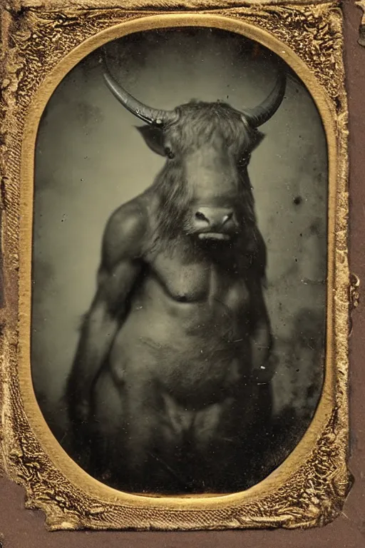 Prompt: a tintype photograph of a minotaur