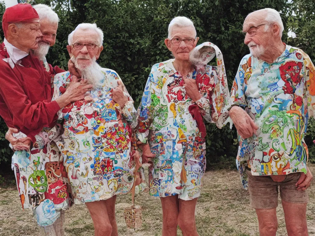 Image similar to a martin parr photo of a grandpa couple, wearing codex seraphinianus costumes