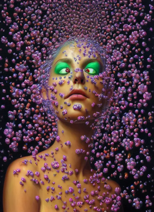 Image similar to hyper detailed 3d render like a Oil painting - Aurora (Singer) Eats of the Strangling Fruit of penance open eyes and Her Hands full of gossamer polyp blossoms bring iridescent fungal flowers whose spores black the foolish stars by Jacek Yerka, Mariusz Lewandowski, Houdini algorithmic generative render, Abstract brush strokes, Masterpiece, Edward Hopper and James Gilleard, Zdzislaw Beksinski, Mark Ryden, Wolfgang Lettl, hints of Yayoi Kasuma, octane render, 8k