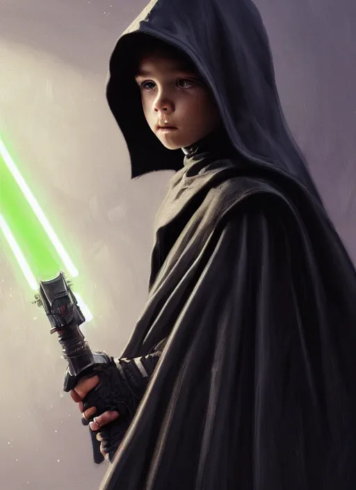 Image similar to perfectly - centered - portrait of a kid wearing black cloak holding light saber, intricate, highly detailed, digital painting, artstation, concept art, smooth, sharp focus, illustration, unreal engine 5, 8 k, art by artgerm and greg rutkowski and alphonse mucha