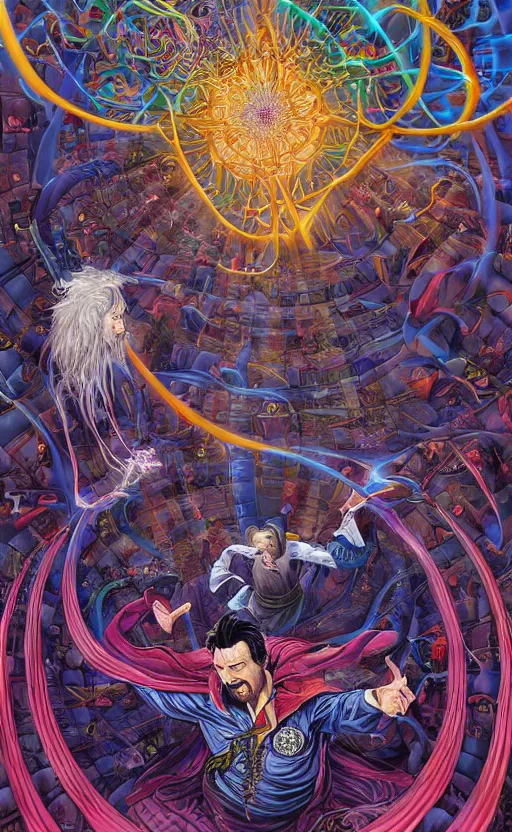 Image similar to hyper realistic third first image on the scattered absurdity server, dr strange and dr seuss, very pretty, portal hopping and time warping with reckless abandon, by alex grey