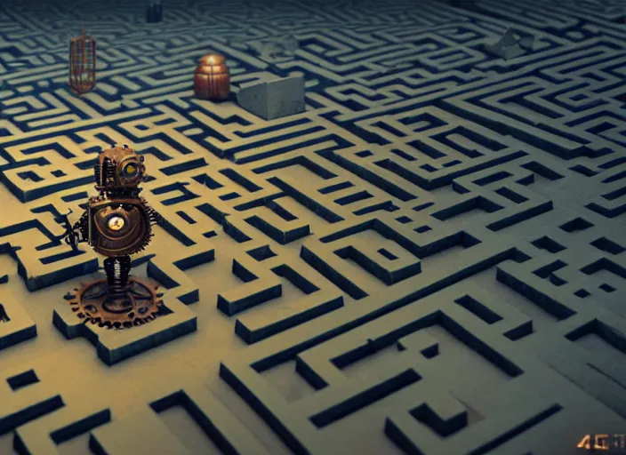 Image similar to steampunk robot in a maze by greg rutkowski and andreas rocha, tilt shift, ultra realistic, unreal engine, trending on artstation, 4 k