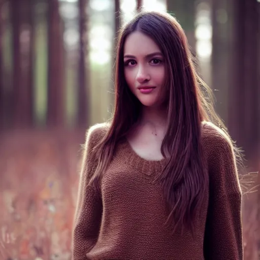 Image similar to real life photo of a beautiful girl, full body photoshoot, long brown hair, brown eyes, full round face, short smile, belly free, brown sweater, forest setting, cinematic lightning, medium shot, mid - shot, highly detailed, trending on artstation, unreal engine 4 k, 8 0 mm, 8 5 mm, cinematic wallpaper