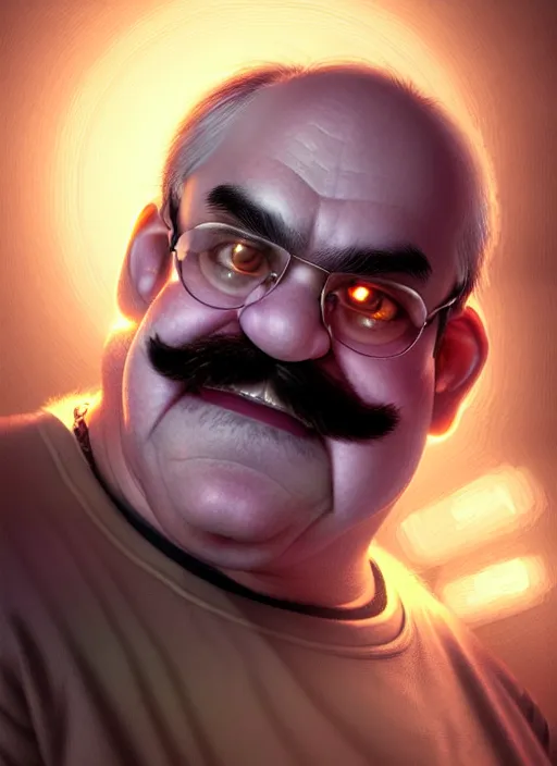 Image similar to realistic portrait of wario from warioware, intricate, elegant, glowing lights, highly detailed, digital painting, artstation, concept art, smooth, sharp focus, illustration, art by wlop, mars ravelo and greg rutkowski