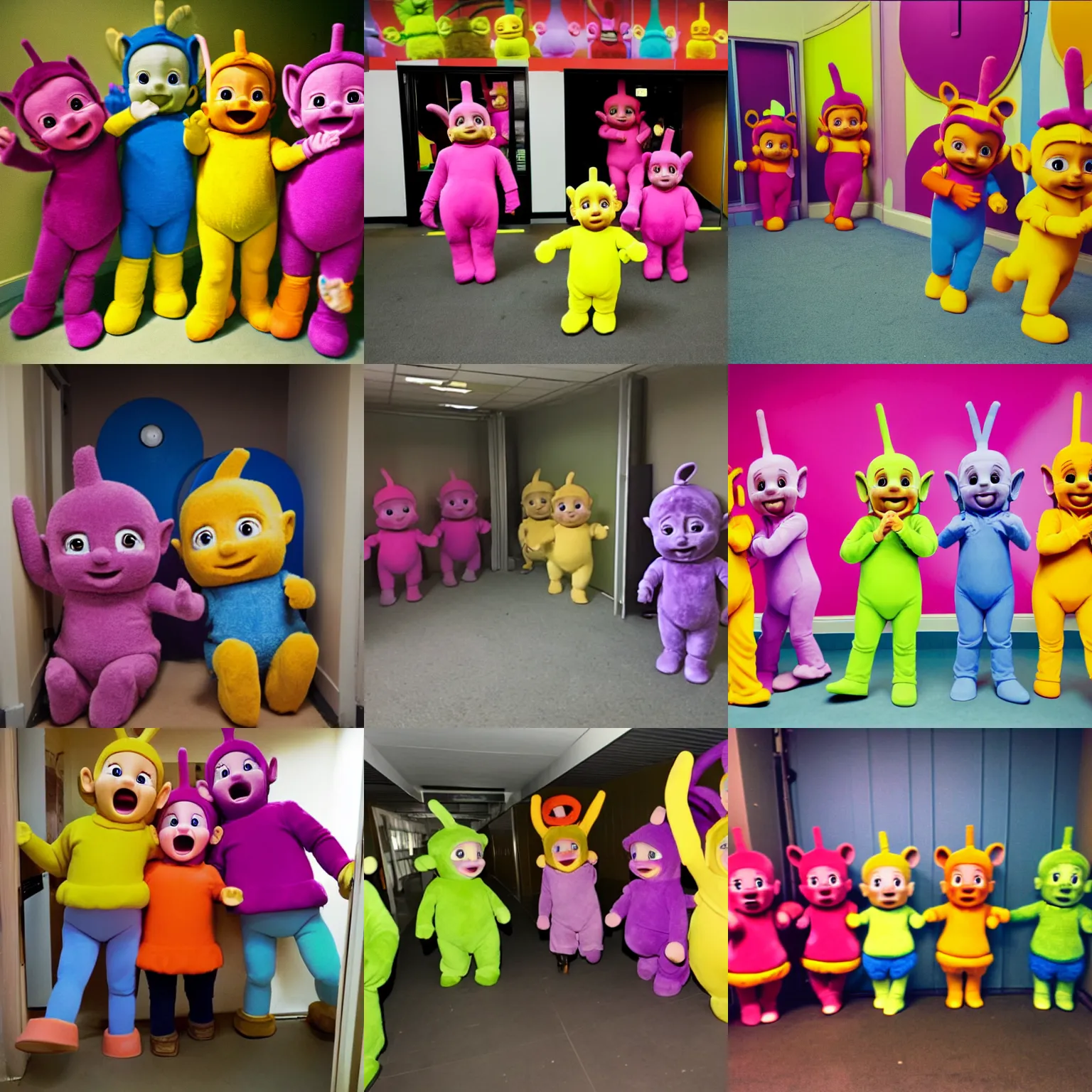 Prompt: teletubbies trapped inside the backrooms