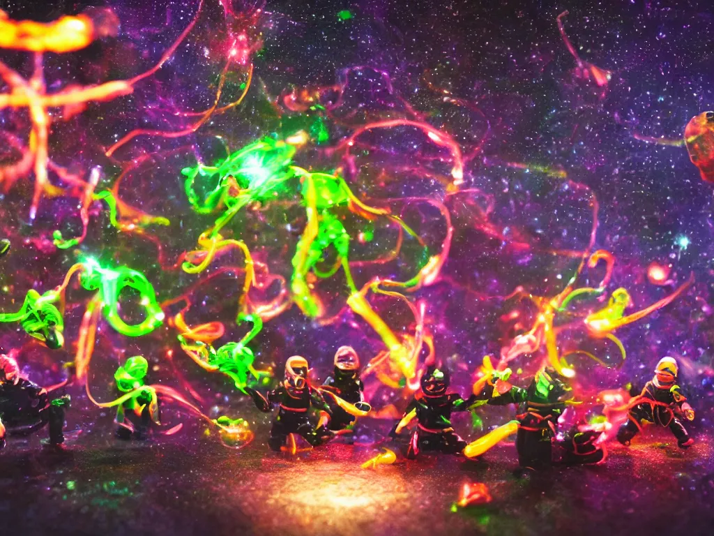 Image similar to a hyperrealistic portrait of ninjas in space opening a bottle of glowing worms and drinking fluorescent liquid , tilt shift, 8k