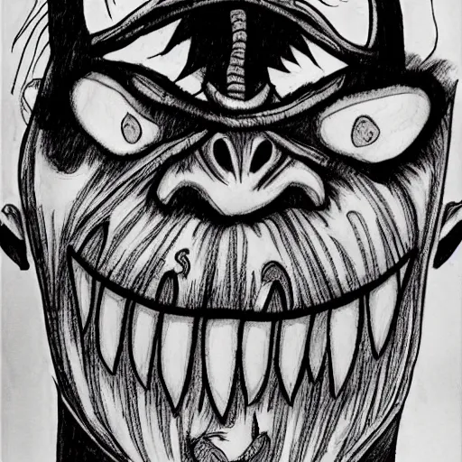 Prompt: smiling oni mask, junji ito, ink, drawing, black and white, terrifying, nightmare fuel, horror, horrifying, scary