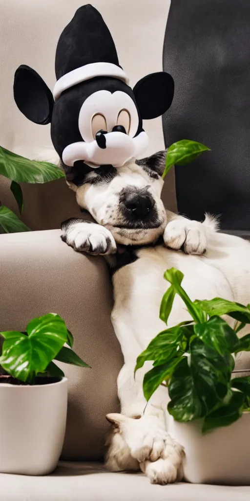 Image similar to a dog that looks like mickey mouse, white face, black body, black nose, black ears, sitting down on a sofa, house plants in the background, indoors, dim light, photograph, 4 k, shot on iphone