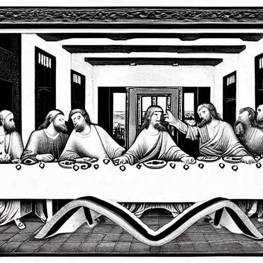 Prompt: single line drawing of The Last Supper, intricate, detailed, monochrome