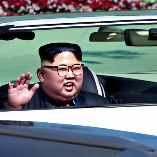 Prompt: Kim Jong Un driving a convertible Corvette.
