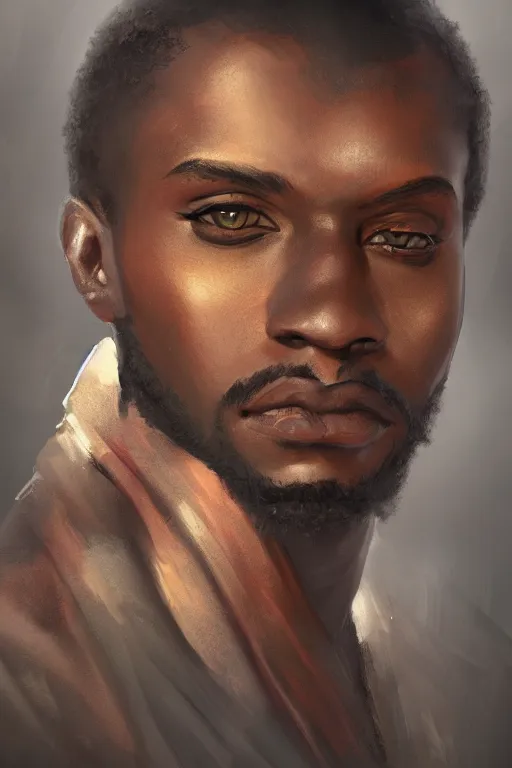 Prompt: a portrait of a black man, fantasy, sharp focus, intricate, elegant, digital painting, artstation, matte, highly detailed, concept art, illustration, ambient lighting