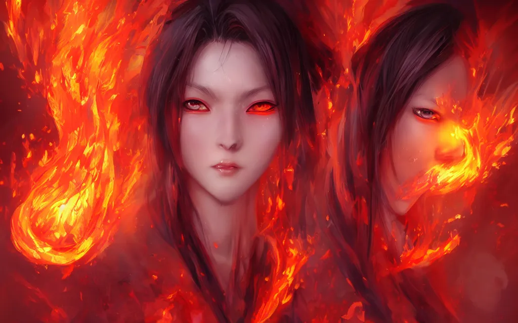 Image similar to A realistic anime portrait of a beautiful fire spirit twins with glowing red eyes and firey skin wearing clothes made of flames, digital painting, by Stanley Artgerm Lau, Sakimichan, WLOP and Rossdraws, digtial painting, trending on ArtStation, SFW version