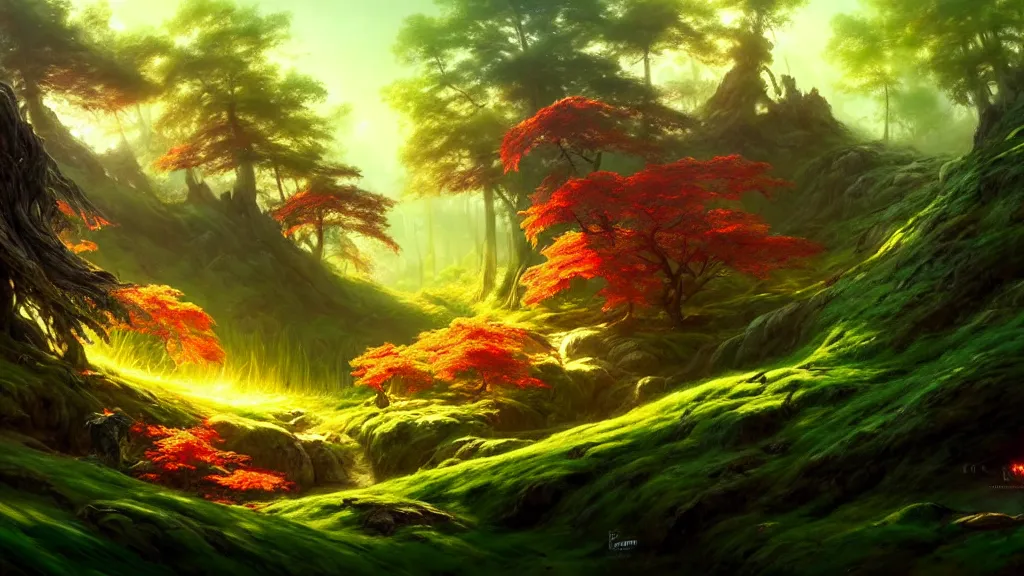 Image similar to forest clearing landscape, bright colors, fantasy, elegant, highly detailed, digital painting, artstation, concept art, smooth, sharp focus, illustration, wide angle, artbook, wallpaper, splash art, promo art, soul calibur, league of legends, art by artgerm and greg rutkowski and bo chen and jin xiaodi