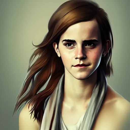 Prompt: hyperrealistic portrait of emma watson wearing a scarf, art by greg rutkowski, artstation