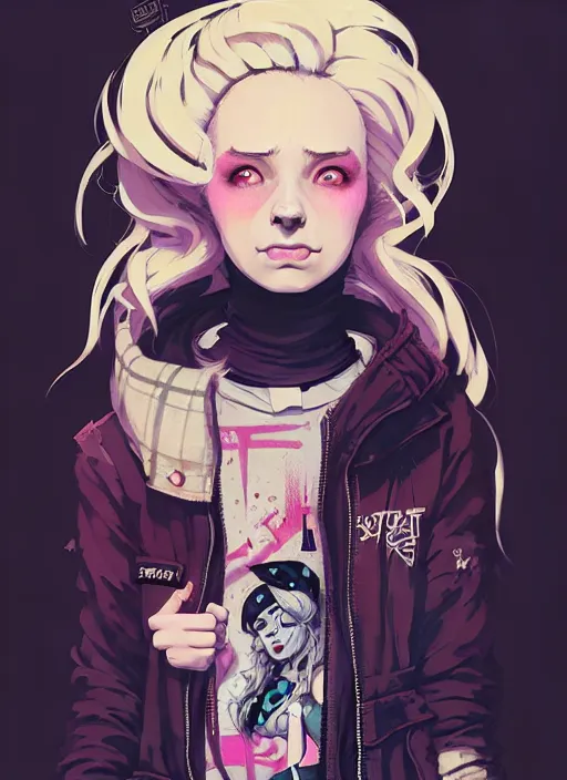 Image similar to highly detailed portrait of a sewer punk lady, tartan hoody, blonde ringlet hair by atey ghailan, by greg rutkowski, by greg tocchini, by james gilleard, by joe fenton, by kaethe butcher, gradient magenta, black, blonde cream and white color scheme, grunge aesthetic!!! ( ( graffiti tag wall background ) )