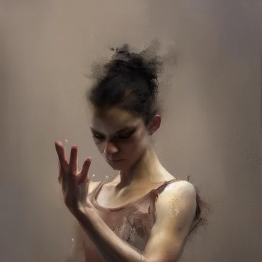 Prompt: A beautiful ballet dancer with makeup crying expression detailed painting beautiful artwork by jeremy mann trending on Artstation dramatic lightning