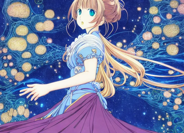 Prompt: full body portrait of the star princess, Kyoto animation, 江口 寿史, enchanted,dark, concept art ,last exile, blue submarine no. 6, katsura masakazu,tsutomu nihei, gustav klimt,loish, murata range, kawaii, studio lighting, manga, bright colors, anime,beautiful, 35mm lens,noir, vibrant high contrast, gradation, jean giraud, moebius, fantasy, rule of thirds, fibonacci, intricate, cel shaded, flat, matte print, smooth, ilya kuvshinov