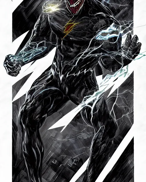 Image similar to venom as the flash, dynamic lighting, fantasy concept art, trending on art station, stunning visuals, creative, cinematic, ultra detailed, terrifying, black lightning, comic strip style