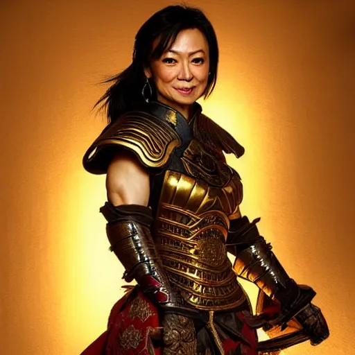 Image similar to ming na wen in samurai armor, atmospheric lighting, painted, intricate, golden hour, ultra detailed by royo