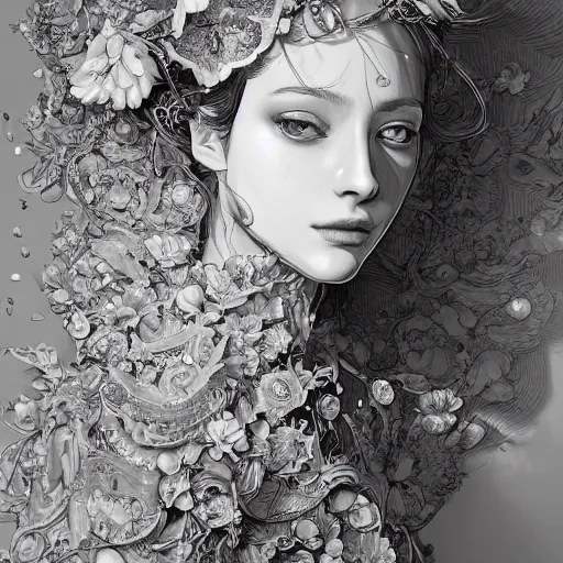 Image similar to the portrait of an absurdly beautiful, graceful, elegant, sophisticated, fashionable woman made of strawberries and white petals looking down, an ultrafine hyperdetailed illustration by kim jung gi, irakli nadar, intricate linework, bright colors, octopath traveler, final fantasy, unreal engine 5 highly rendered, global illumination, radiant light, detailed and intricate environment