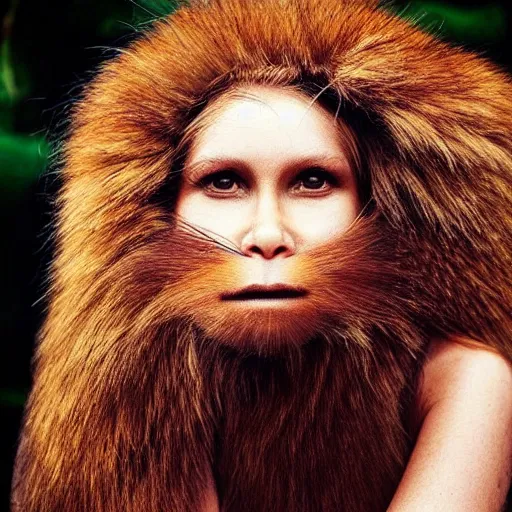 Prompt: “ pretty hairy fur very primitive Neanderthal woman posing as a model”