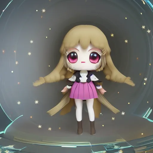 Prompt: cute fumo plush of a girl from the top of a large tower, long hair, princess, outline glow, particle simulation, vray