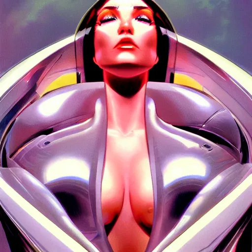 Image similar to detailed face of a woman, cool skydome, fresh atmosphere, ambient, rick guidice, syd mead, hajime sorayama