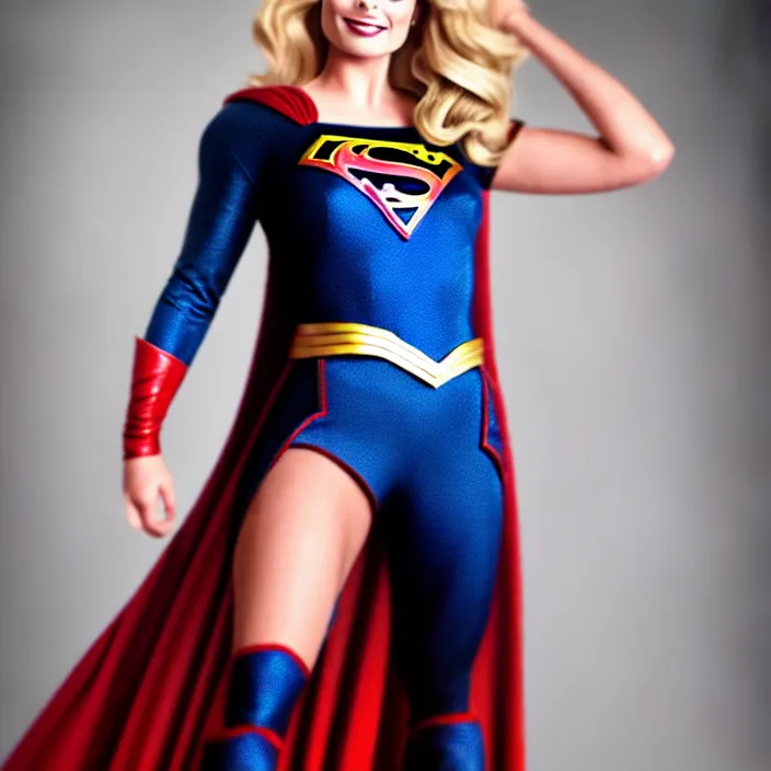 Prompt: full length portrait photograph of a margot robbie as supergirl. Extremely detailed. 8k