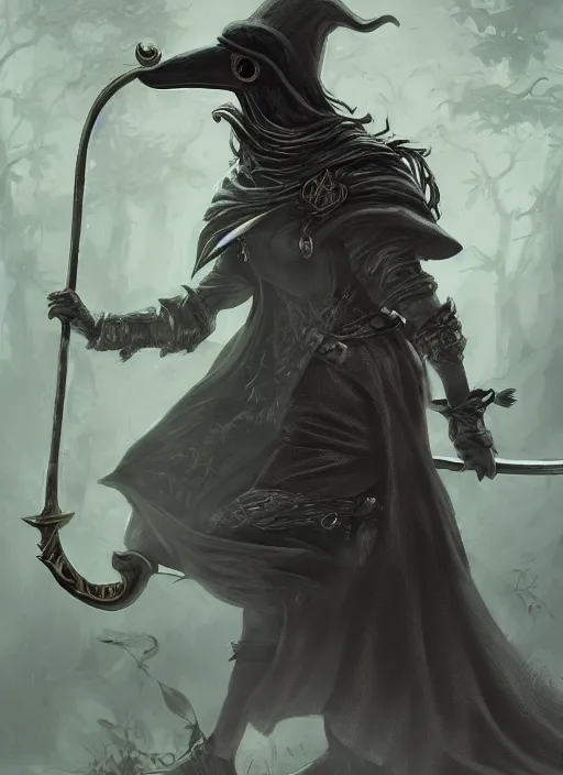 Prompt: a highly detailed illustration of plague doctor mask wearing woman, wielding scythe, surrounded by green mist background, intricate, elegant, highly detailed, centered, digital painting, artstation, concept art, smooth, sharp focus, league of legends concept art, WLOP