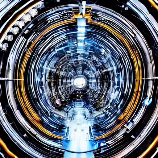 Prompt: view into a particle accelerator, extreme perspective, forshortening, special effects zoom