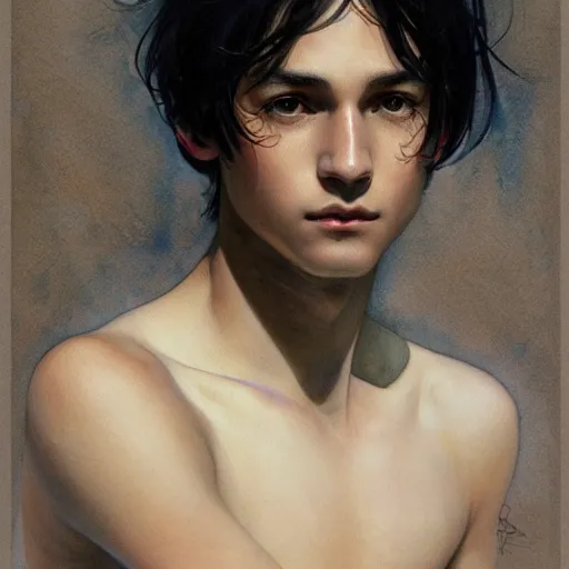 Image similar to young boy, black hair, purple eyes, gorgeous, amazing, delicate, elegant, intricate, highly detailed, watercolor, portrait, artstation, concept art, sharp focus, illustration, art by artherm and greg rutkowski and alphonse mucha