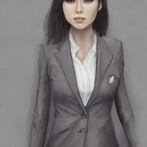 Prompt: woman in grey business suit, brown neat hair, pixiv, fanbox, trending on artstation, portrait, modern, sleek, highly detailed, formal, serious, determined, competent, colorized, smooth, charming, pretty, safe for work