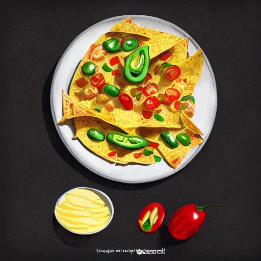 Prompt: ultra realistic illustration, isolated nachos with cheese and jalapeno, blank white background, highly detailed, digital painting, concept art, smooth, sharp