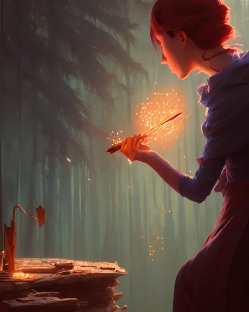 Image similar to highly detailed vfx portrait of a mage casting a wood spell, unreal engine, greg rutkowski, loish, rhads, beeple, makoto shinkai and lois van baarle, ilya kuvshinov, rossdraws, tom bagshaw, alphonse mucha, global illumination, detailed and intricate environment