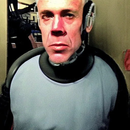 Image similar to grainy photo of an ugly man, wearing bionic implants, wearing bionic implants, robot criminal