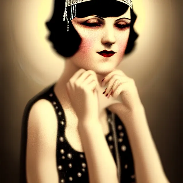 Prompt: 1 9 2 0 s beautiful woman in a flapper photo portrait, atmospheric lighting, painted, intricate, ultra detailed, well composed, best on artstation, cgsociety, epic, stunning, gorgeous, intricate detail, wow, masterpiece