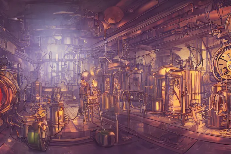 Prompt: steampunk laboratory filled with alchemy equipment, scientist working, pespective, giant screens, sci - fi vending machine, concept art by mucha, dynamic light, volumetric light, neon lights, cinematic mood