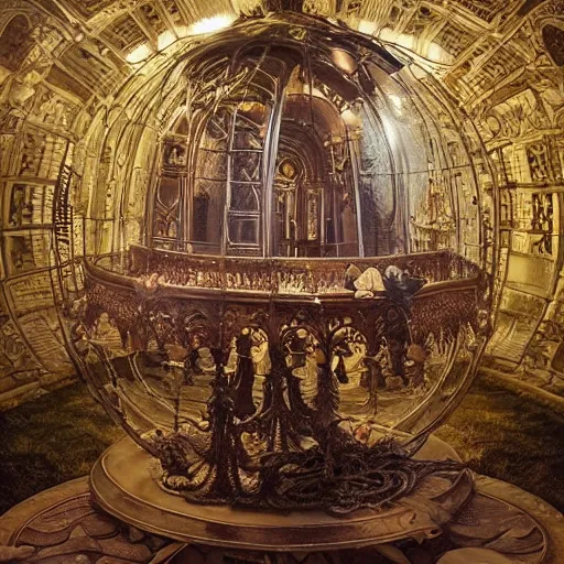 Prompt: photo of an elaborate miniature tabletop haunted house under an ornate glass dome, by paulette tavormina and donato giancola, hyper realistic, extremely detailed, dramatic lighting, goth, victorian