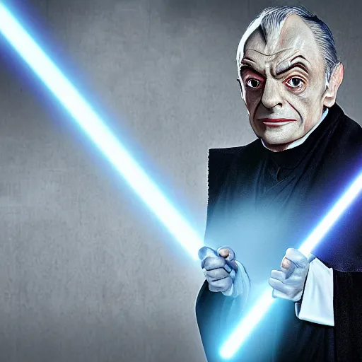 Image similar to mr. bean is darth sidious in star wars, 4 k, studio portrait, photography, cinematic lighting, highly detailed