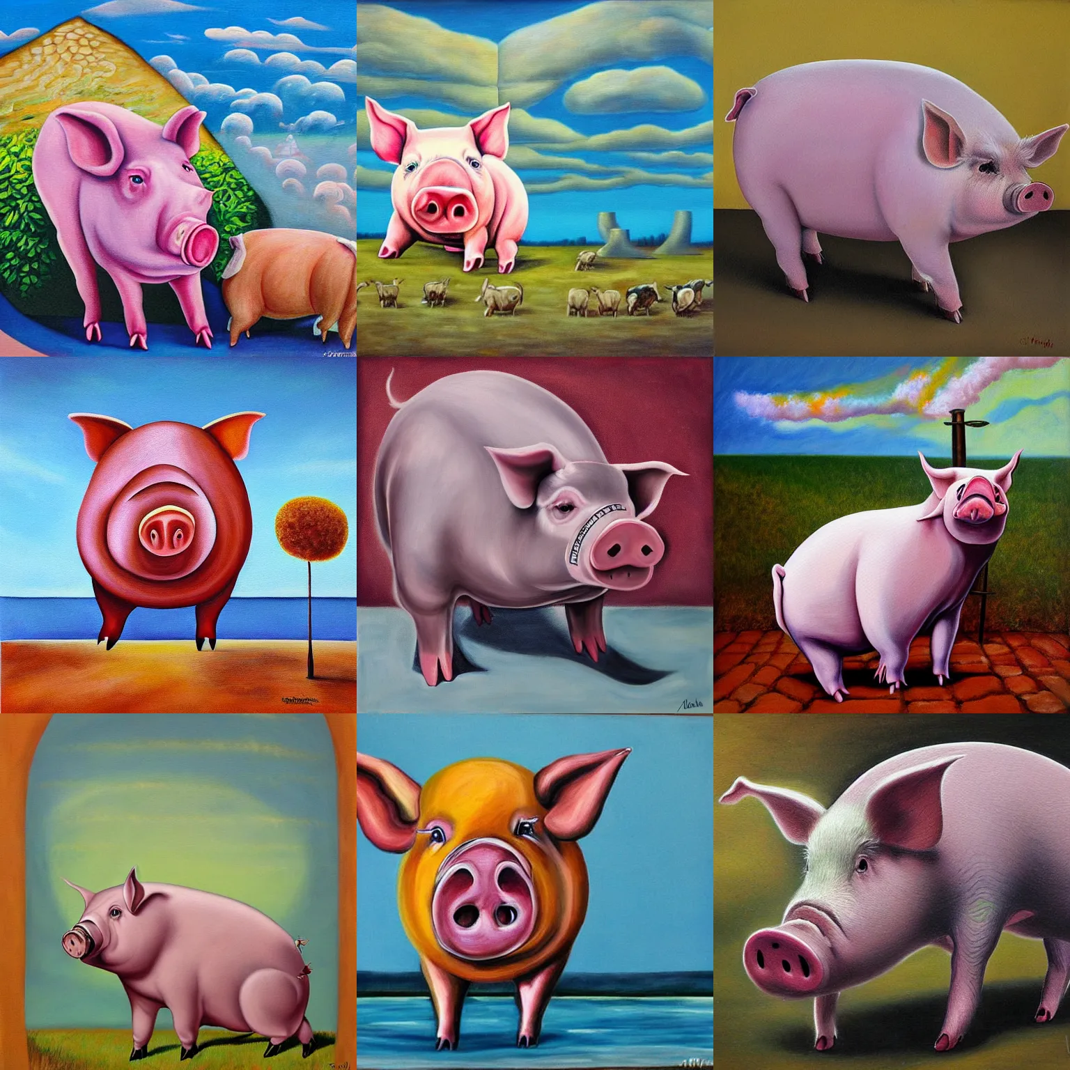 Prompt: surrealism pig, painting