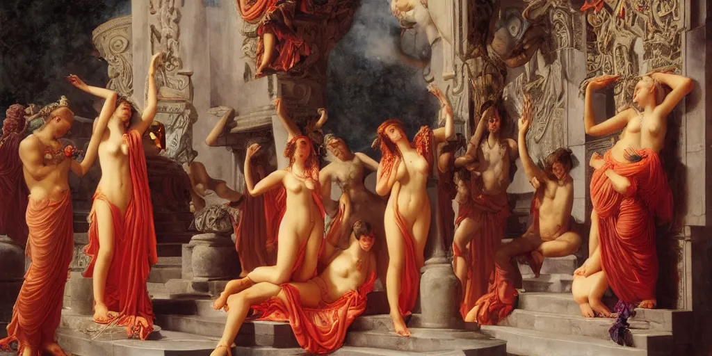 Prompt: ecstatic devotees fall in praise at the feet of the goddess of fire in her temple of roses, a painting by roberto ferri, by John William Godward, by austin osman spare, symbolist painting, mist, volumetric render, digital painting, detailed painting, occult, sharp focus, intrincate details