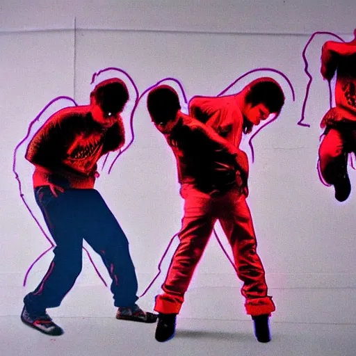 Image similar to four breakdancers battling in the bronx in 1984, by Andy Warhol, gritty, energetic, hyperrealistic, intricate, Moody lightning, trending on artstation