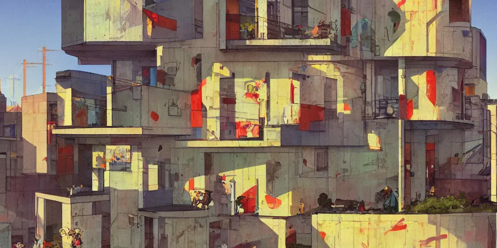 Image similar to neo brutralism, concrete housing, concept art, colorful, vivid colors, light, shadows, reflections, oilpainting, cinematic, 3D, in the style of Akihiko Yoshida and Edward Hopper