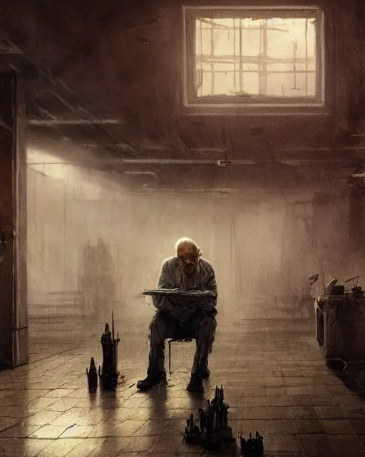 Prompt: a highly detailed epic cinematic concept art CG render digital painting artwork: A dead old man playinh chess with a Ethereal fog creature in a decayed gas station. volumetric lighting. By Greg Rutkowski, in the style of Francis Bacon and Syd Mead and Norman Rockwell and Beksinski, open ceiling, highly detailed, painted by Francis Bacon and Edward Hopper, painted by James Gilleard, surrealism, airbrush, Ilya Kuvshinov, WLOP, Stanley Artgerm, very coherent, triadic color scheme, art by Takato Yamamoto and James Jean