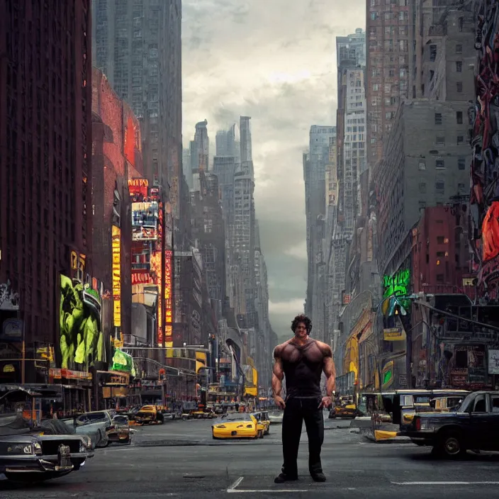 Image similar to a color photo portrait of the incredible hulk looking angry in new york city by gregory crewdson dramatic lighting.