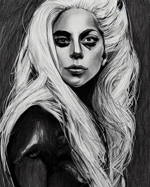 Image similar to lady gaga, court room sketch, fine details, concept art, extremely detailed, black and white, very sharp, in the style of elizabeth williams