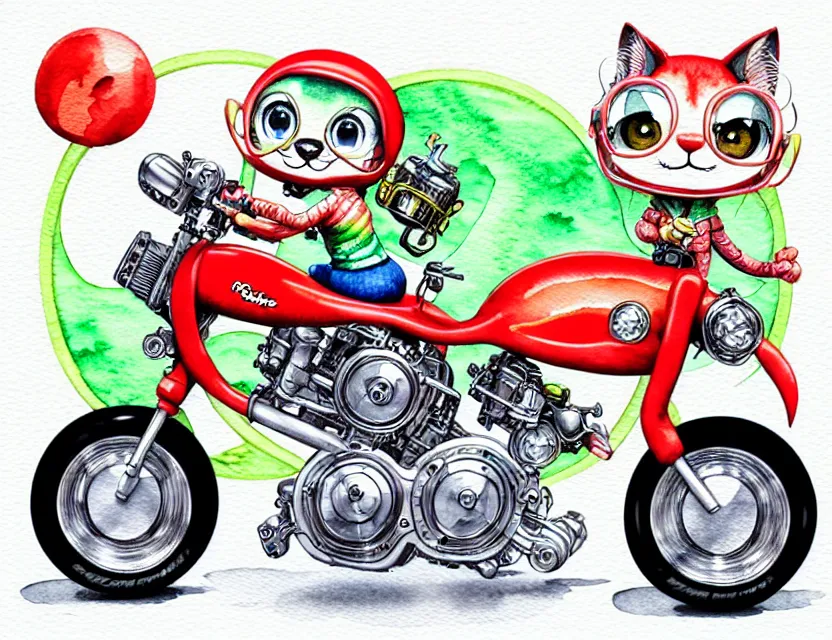 Prompt: cute and funny, margay riding in a tiny sport motorcycle with oversized engine, ratfink style by ed roth, centered award winning watercolor pen illustration, isometric illustration by chihiro iwasaki, edited by range murata, tiny details by artgerm and watercolor girl, symmetrically isometrically centered