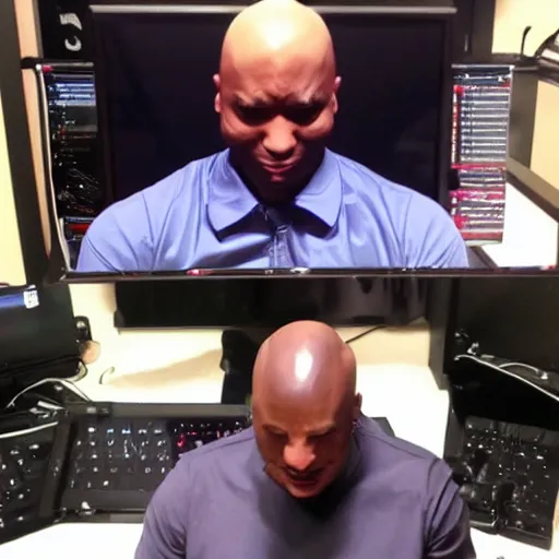 Prompt: a bald black man crying while playing league of legends